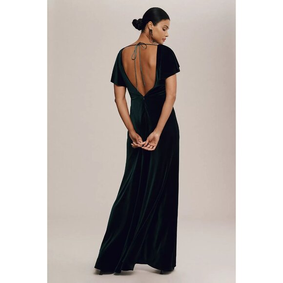 NWOT Jenny Yoo Ellis Flutter-Sleeve Open-Back Stretch Velvet Gown - Picture 3 of 8